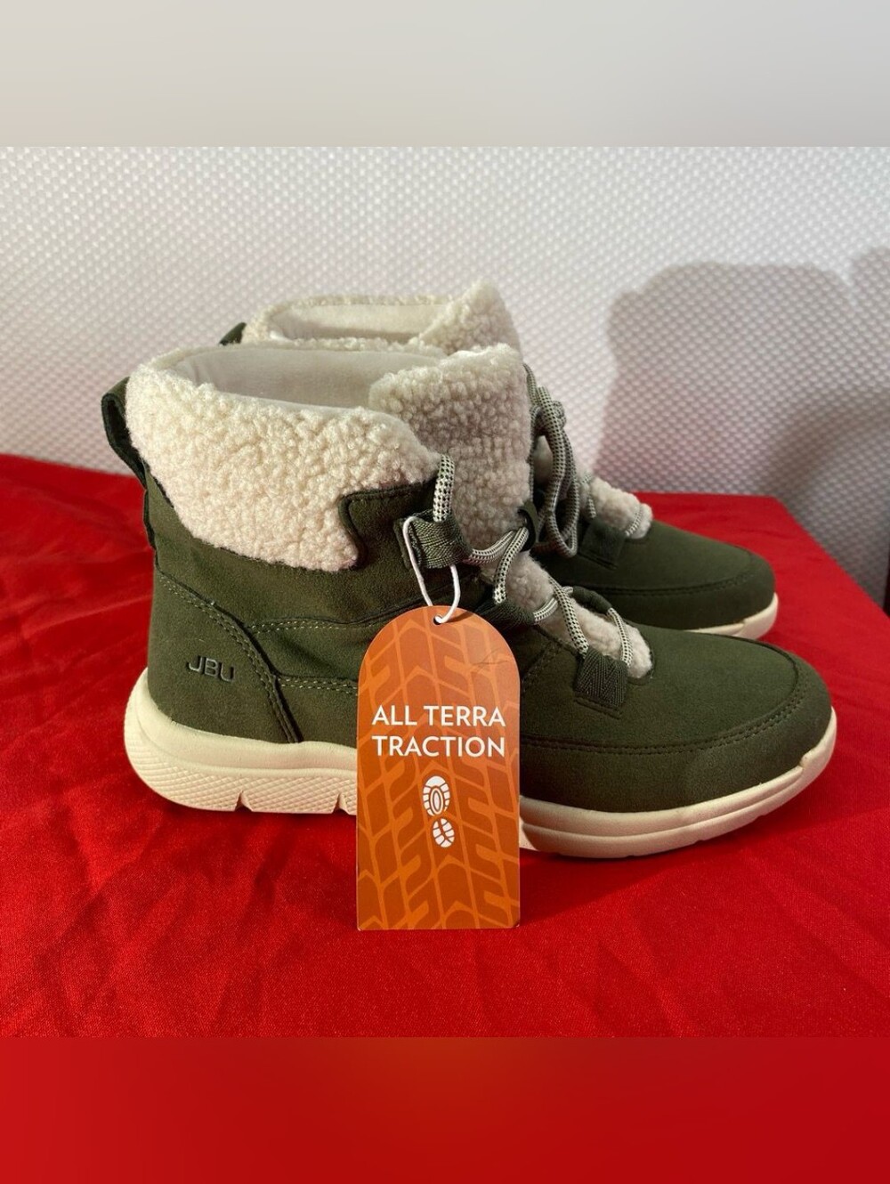 JBU Jambu Freeze Olive Green Winter Boots Faux Fur Trim Ankle Bootie Size 7.5M